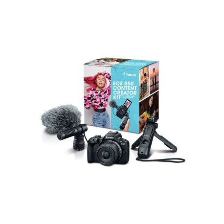 EOS R50 Content Creator Kit con Lente RF-S 18-45mm, Micrófono DM-E100 y Tripie Grip HG-100TBR