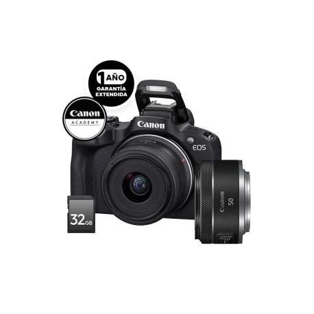 Canon EOS R50 Kit con RF-S 18-45mm, RF 50mm f/1.8 STM, Tarjeta SD 32G, Curso Online Vlogger y Garantía Ext